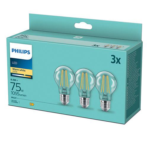 3 Becuri LED Philips Classic A60, E27, 8.5W (75W), 1055