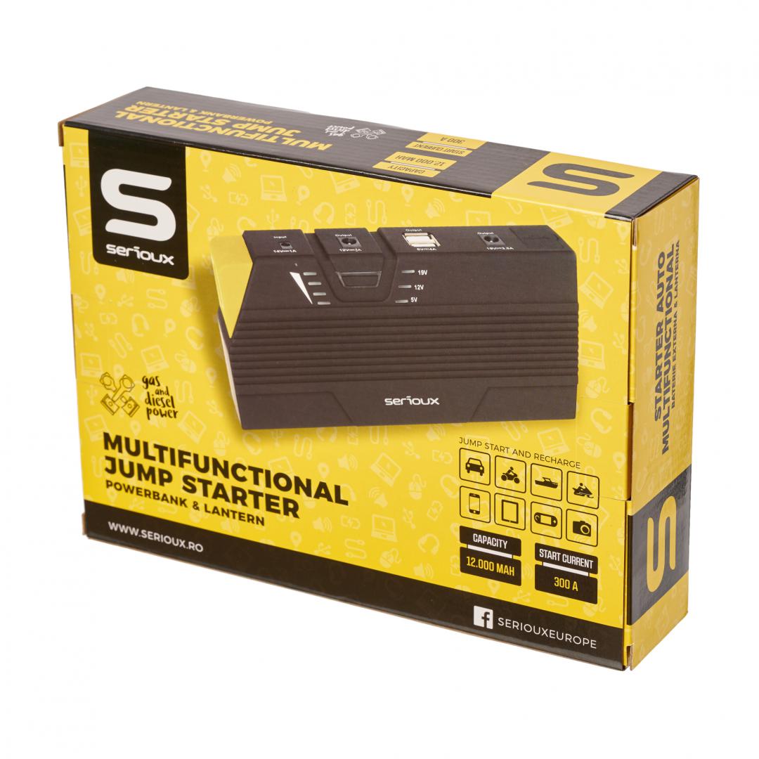 Starter auto multifunctional Serioux, incarcator notebook/tableta/telefon, functie lanterna, capacitate baterie: