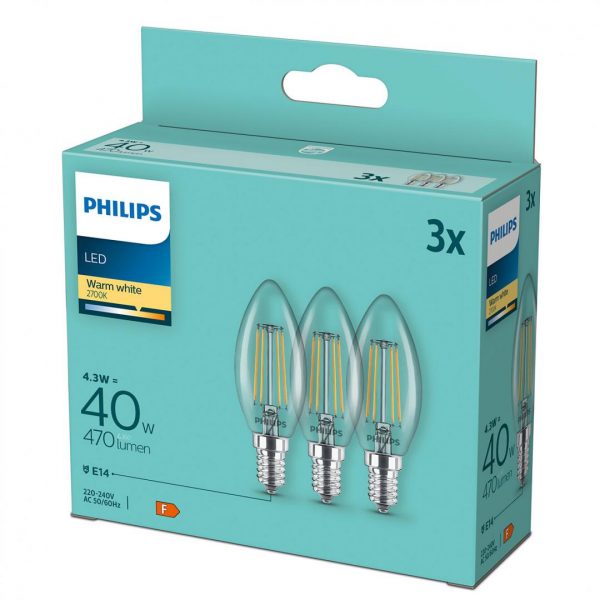 3 Becuri LED Philips Classic B35, E14, 4.3W (40W), 470 - imagine 3